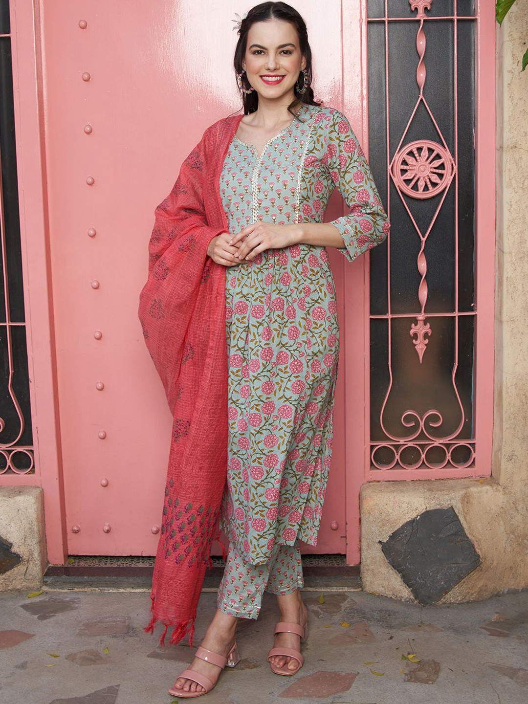 Sangria Sea Green Floral Printed Notch-Neck Pure Cotton Kurta With Trousers & Dupatta