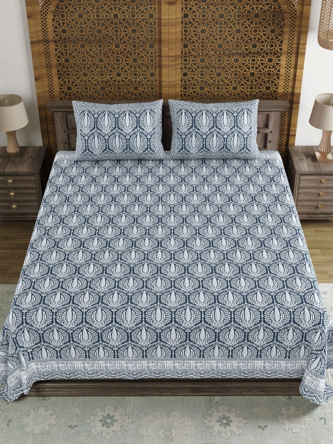 Myntra Elegant Homes Yogi Blue Ethnic Motifs Cotton 210 TC King Fine Bedsheet with 2 Pillow Covers-264 x 264 cm