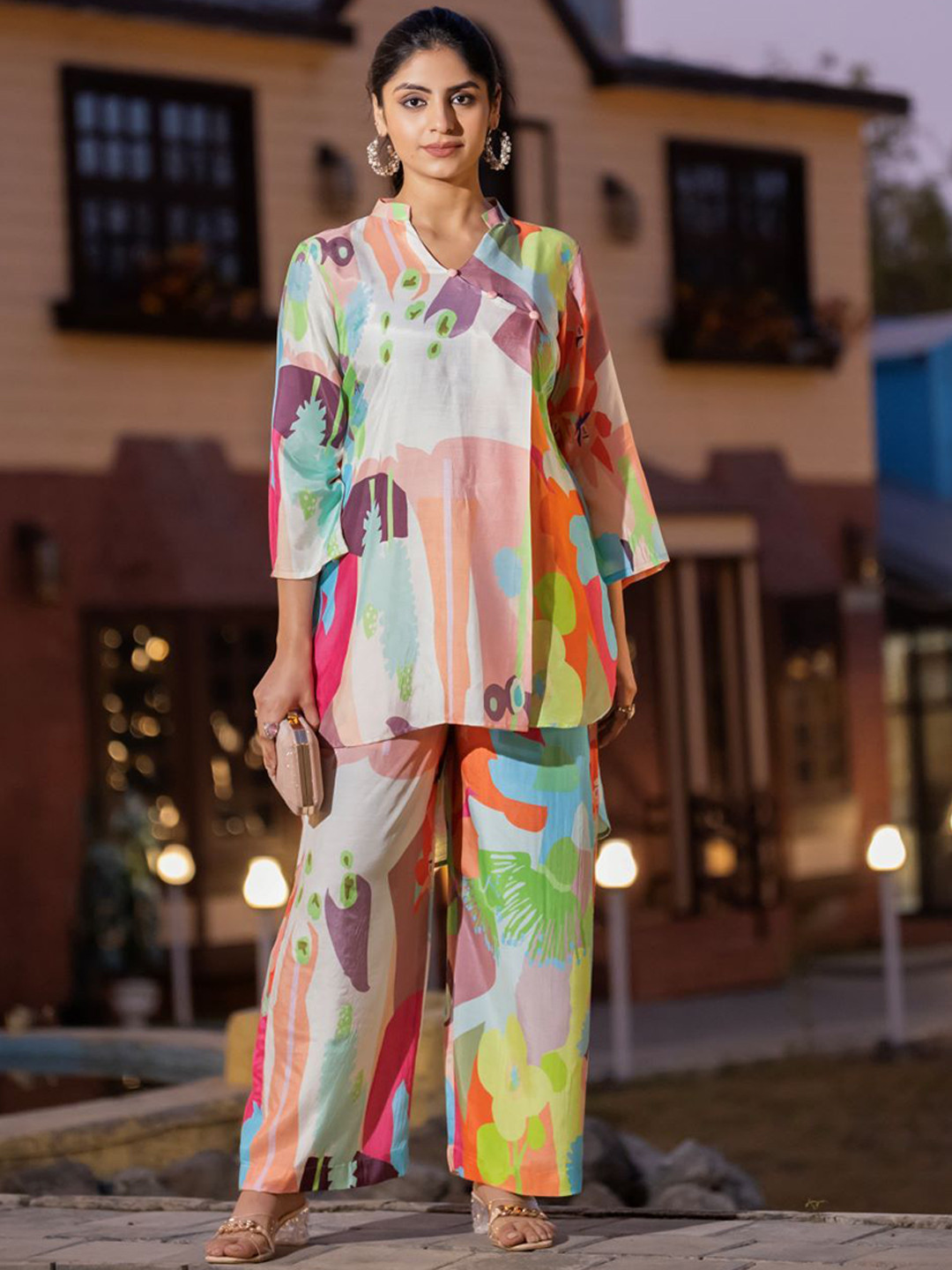 PIRRA DESIGNS Abstract Printed Mandarin Collar Cotton Tunic With Trousers