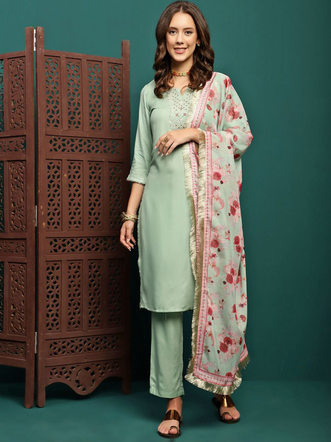Sangria Sea Green Floral Yoke Design Notch Neck Zari Straight Kurta With Trouser & Dupatta