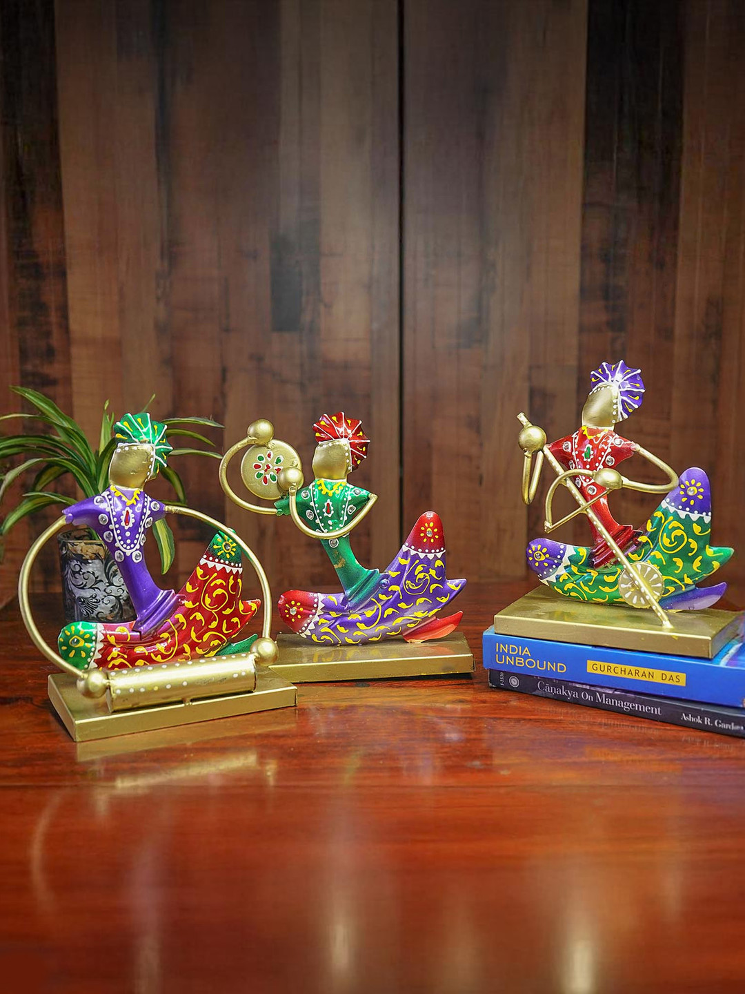 Ekhasa Rajasthani Musicians Gold Metal Metallic Living Room Set of 3 Small Showpieces - 7.7 Inches