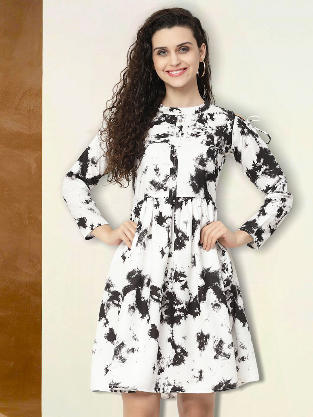 BAESD Printed Fit & Flare Cold-Shoulder Sleeves Dress