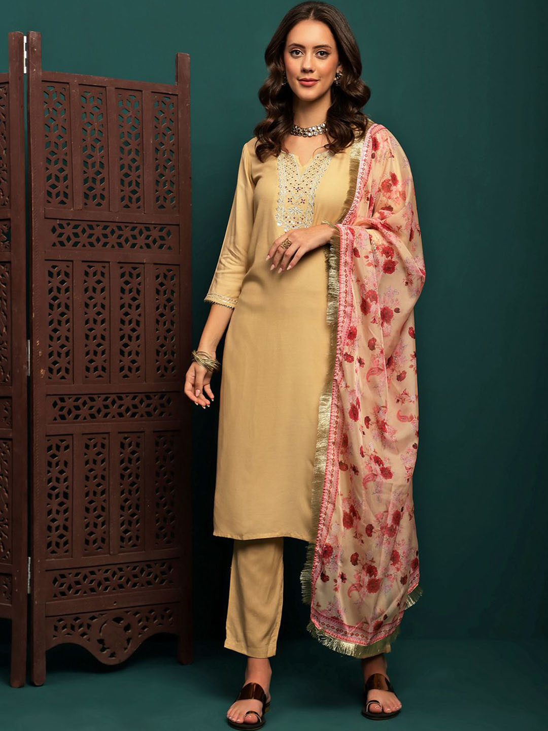 Sangria Cream Floral Embroidered Round Neck Mirror Work Kurta With Trouser & Dupatta
