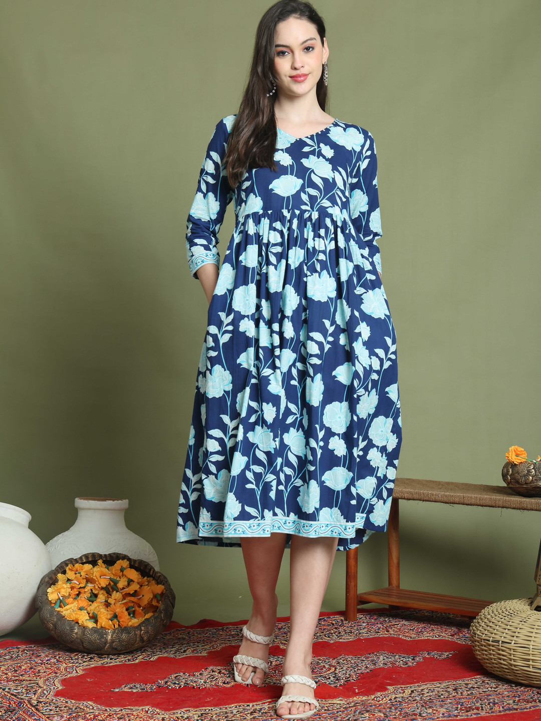 Roly Poly Women's Pure Cotton Jaipuri Printed Fit and Flare Dress