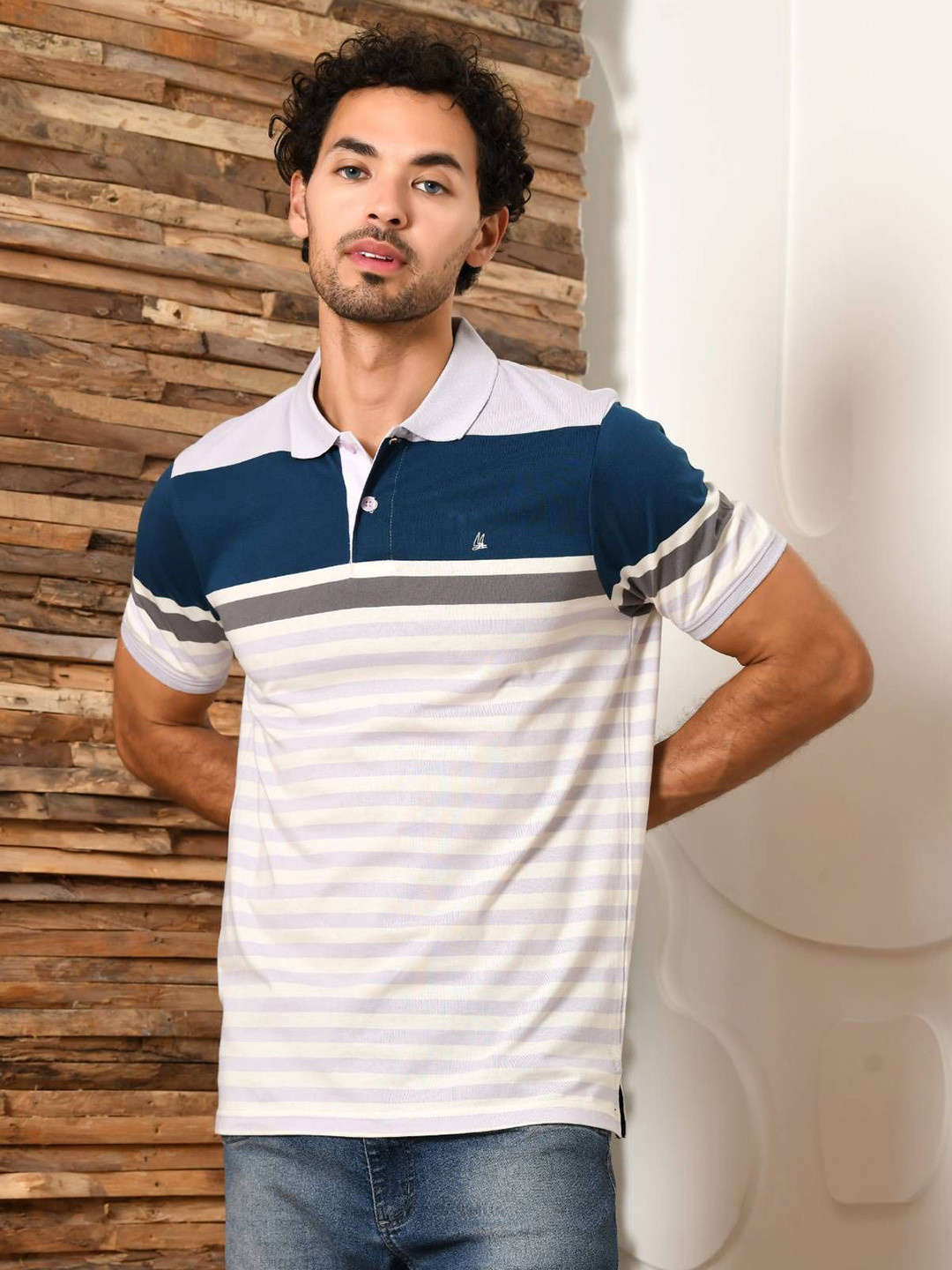 ARBOUR Men Striped Polo Collar Cotton Slim Fit T-shirt