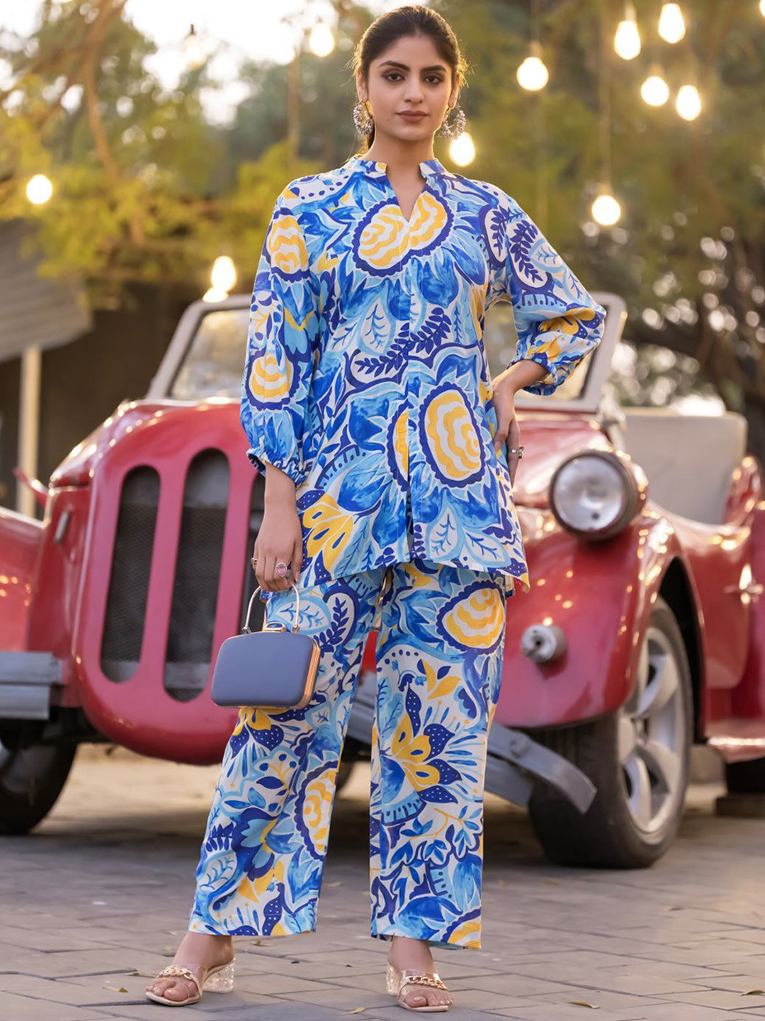 PIRRA DESIGNS Floral Printed Mandarin Collar Tunic With Trousers