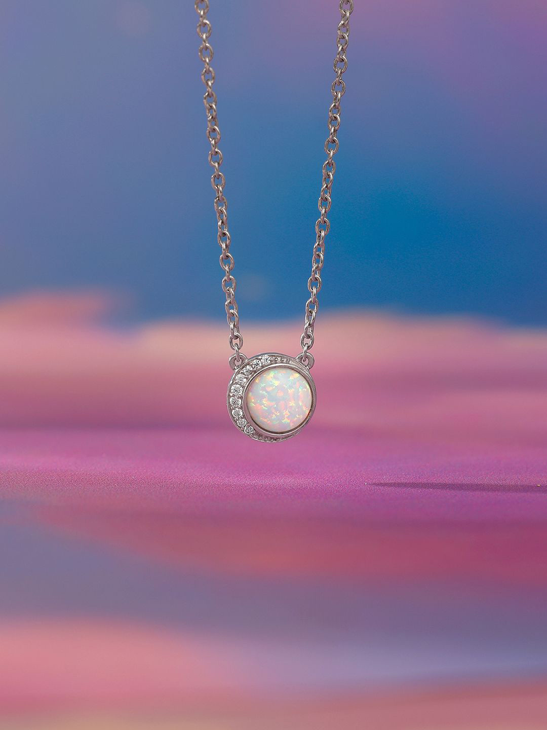 GIVA 925 Sterling Silver Rhodium-Plated Cubic Zirconia Studded Opal Moon Chain