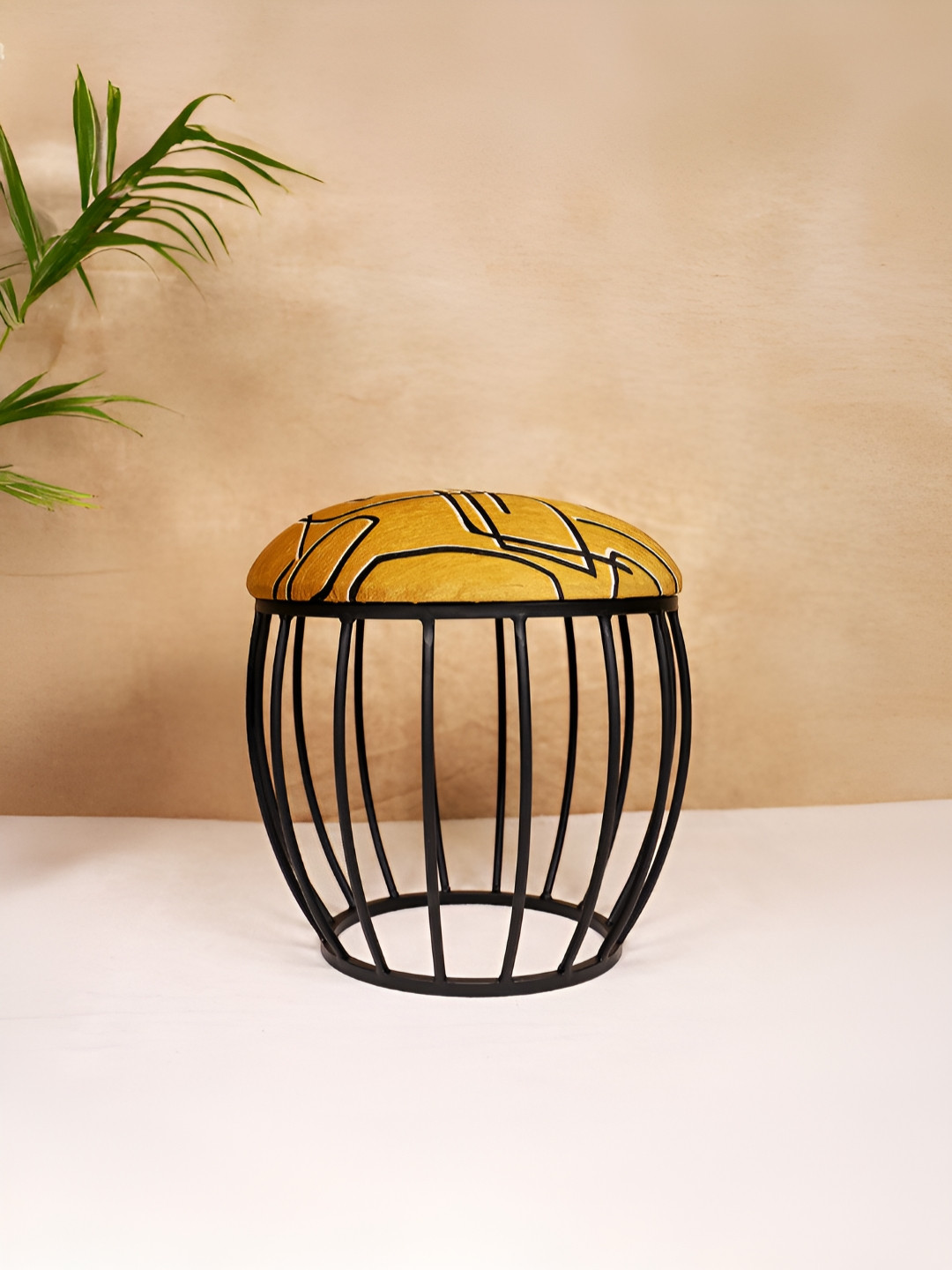 Decoghar Yellow & Black Abstract Printed Oval Shaped Metallic Stool