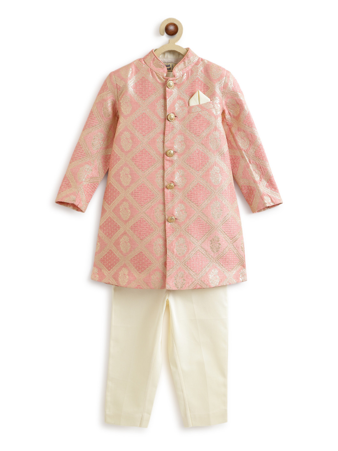 Tiber Taber Boys Woven Design Khwabeeda Brocade Bandhgala Kurta & Coat With Trousers