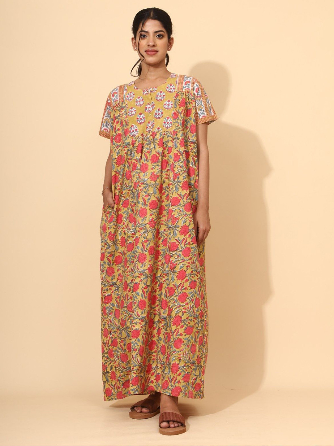YELLOW BLOOM Pure Cotton Printed Maxi Nightdress