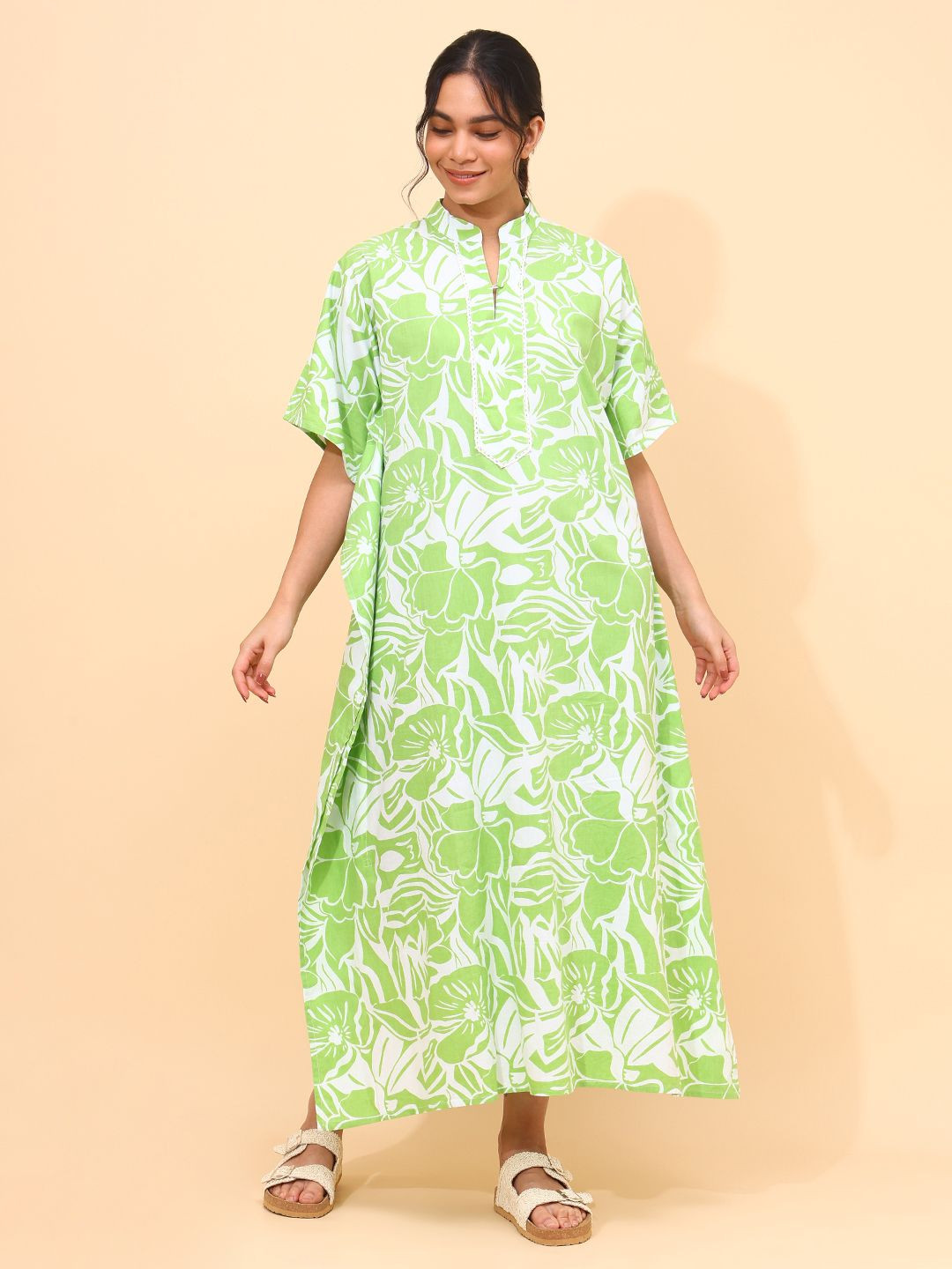 YELLOW BLOOM Floral Print Kimono Sleeve Pure Cotton Kaftan Midi Dress