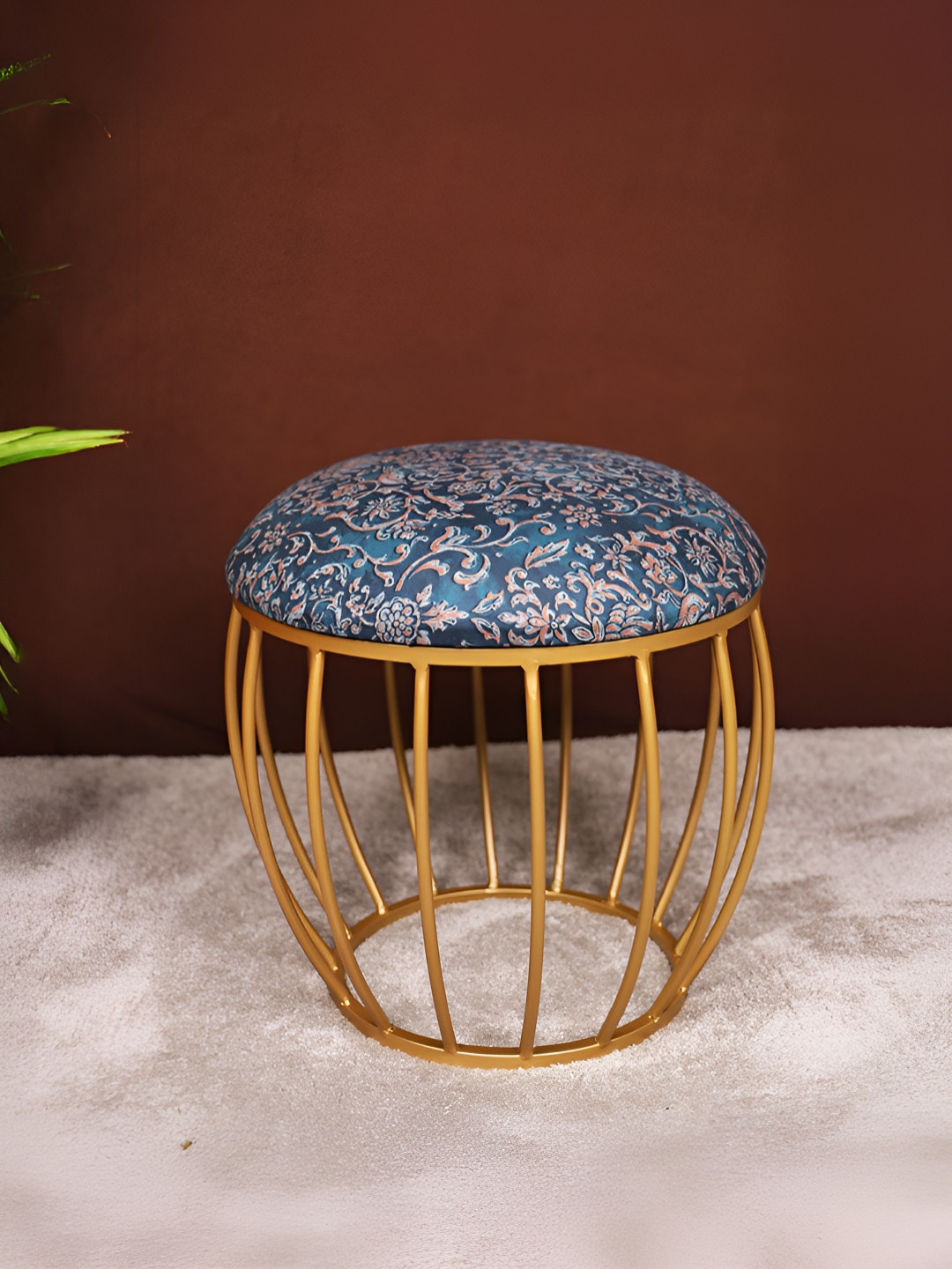 Decoghar Turquoise Blue & White Floral Printed Round Shaped Metallic Stool