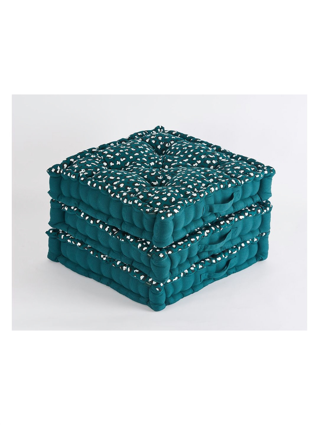 SKANDA FAB Botanical Green & White 3 Pieces Abstract Printed Cotton Square Floor Cushions