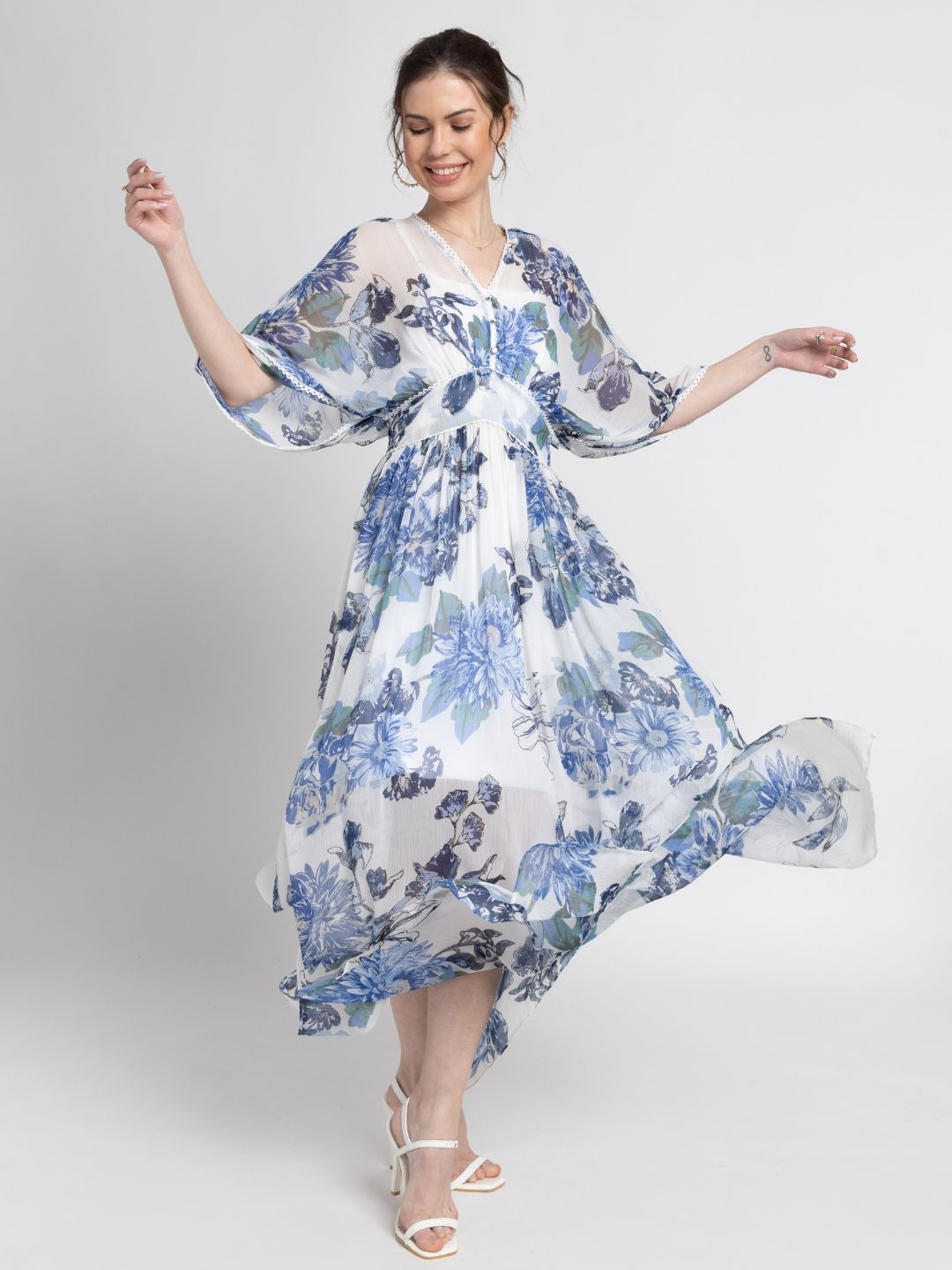 JULO Women Floral Printed Kimono Sleeves Maxi Dress