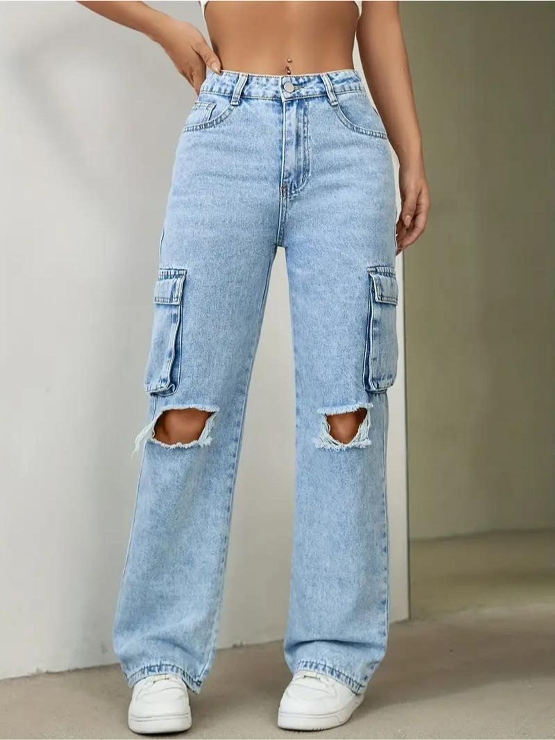 Glossia Nova Women Comfort Wide Leg High-Rise Slash Knee Heavy Fade Stretchable Jeans