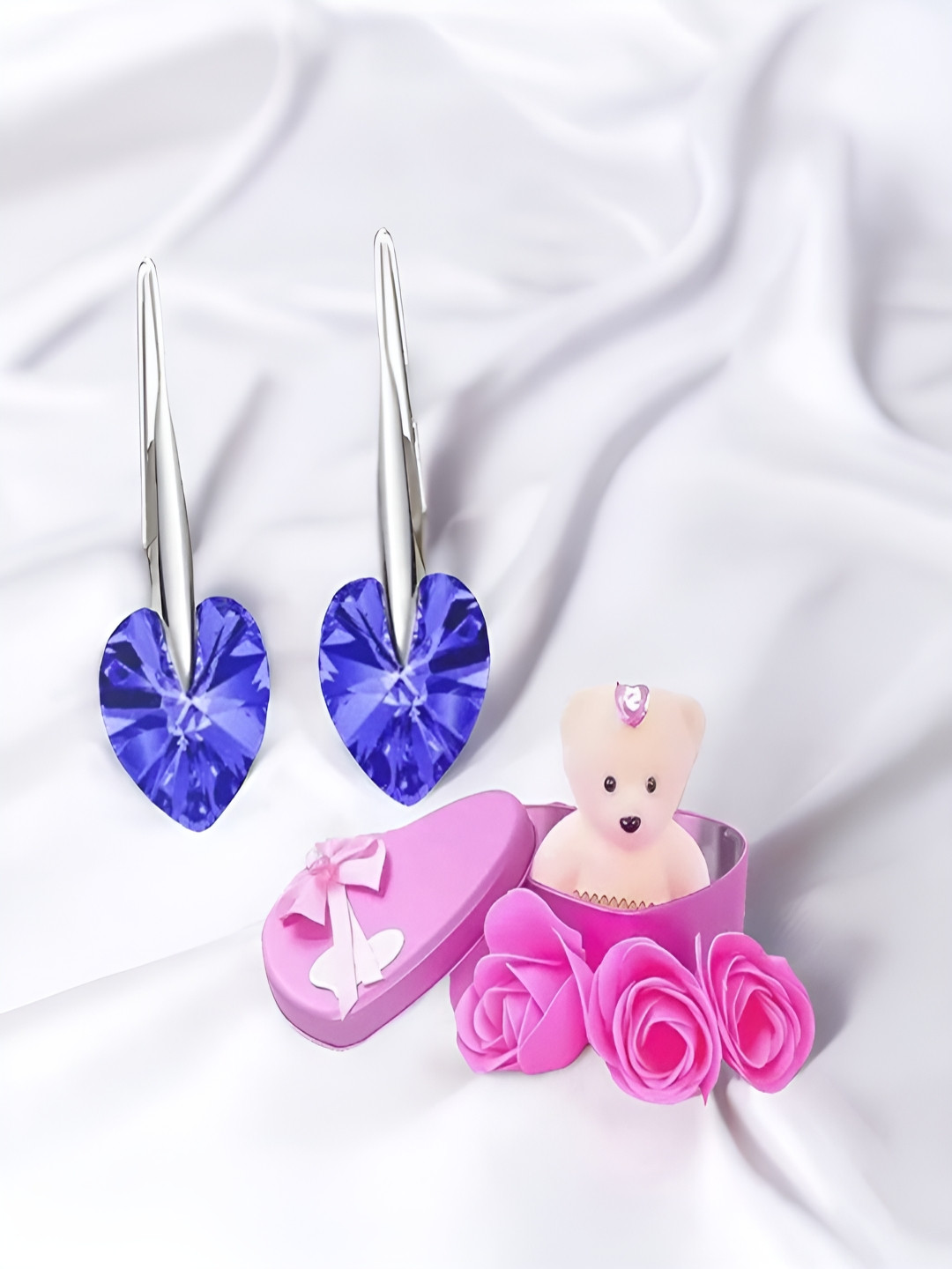 UNIVERSITY TRENDZ Blue Heart Stud Drop Earrings With Teddy Bear Gift Combo Set