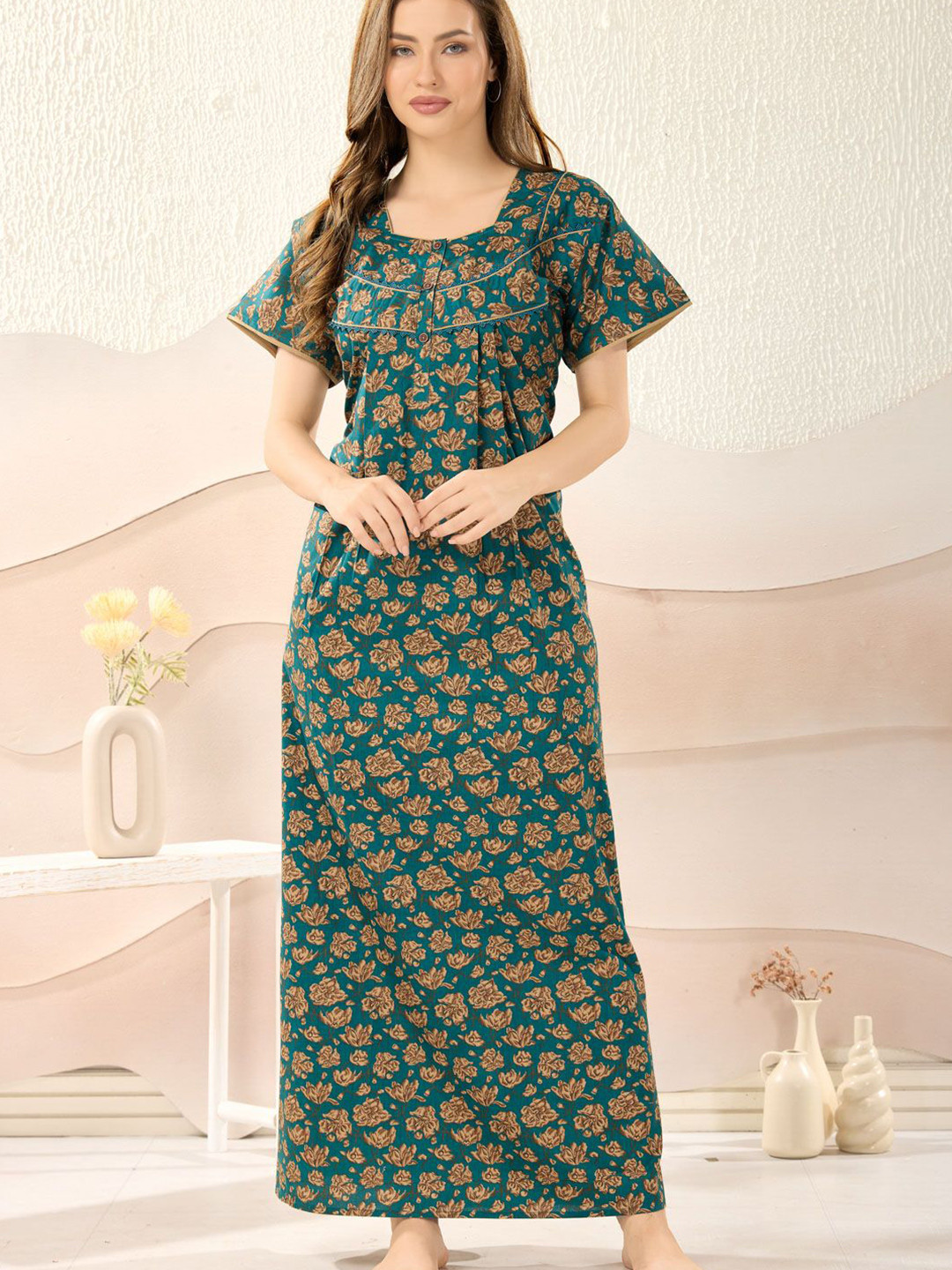 Soulemo Wome Printed Pure Cotton Square Neck Maxi Nightdress