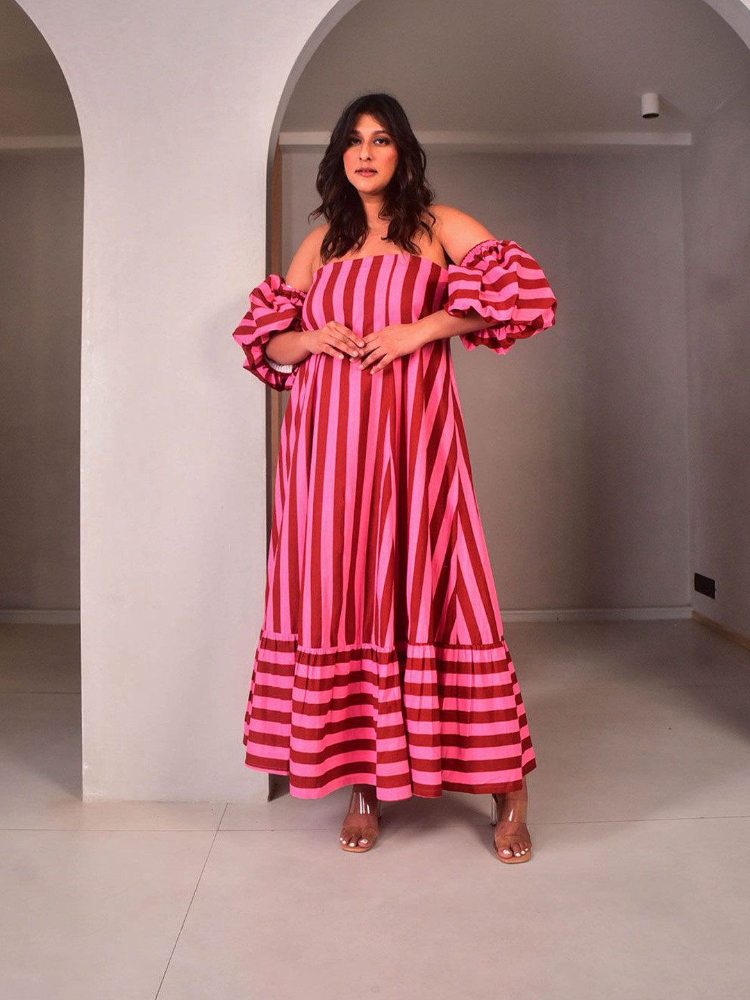 WHY SO BLUE Striped Flutter Sleeve Maxi Dress