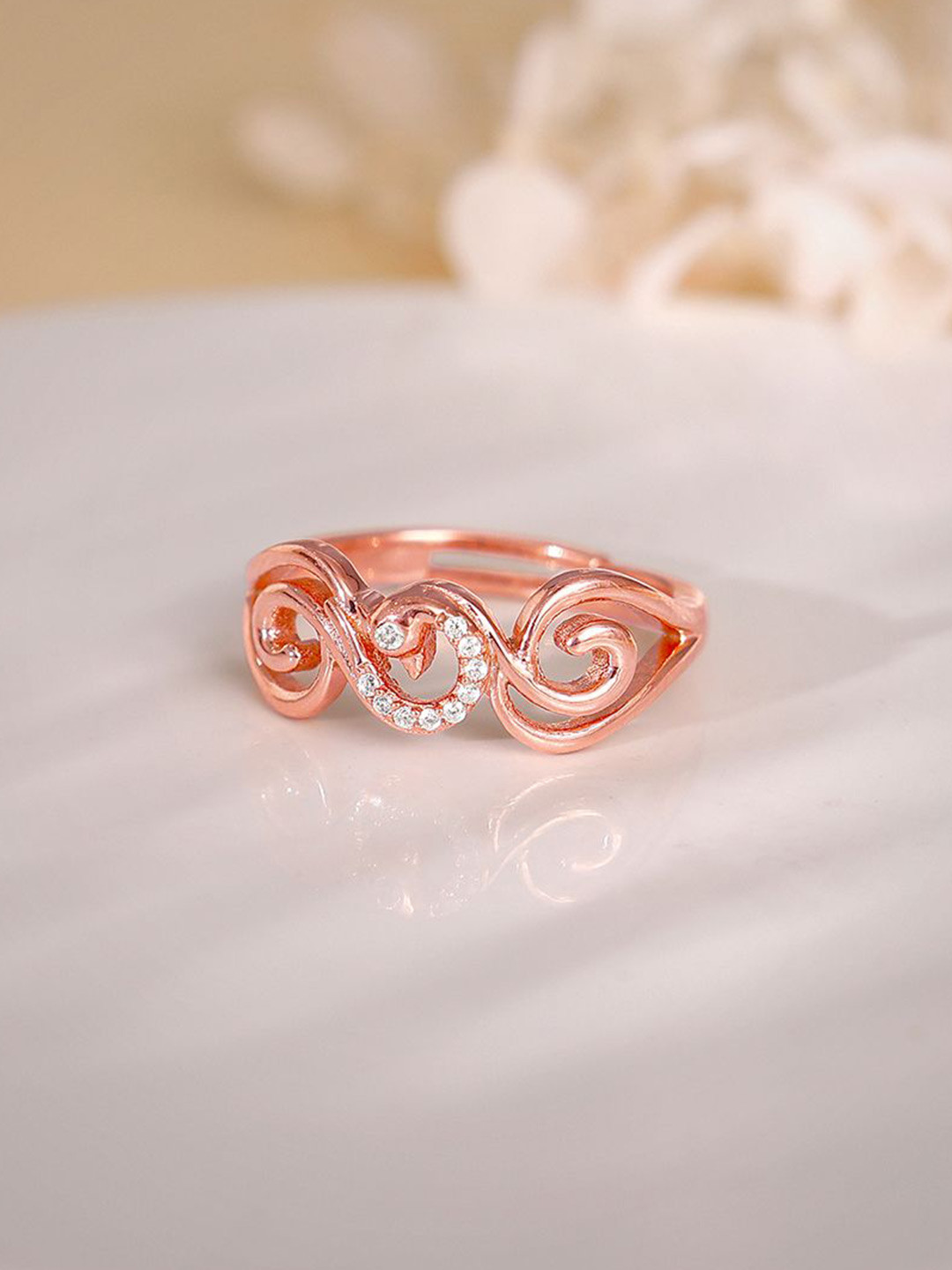 GIVA 925 Silver Rose Gold-Plated Zircon Studded Admiring Peacock Adjustable Finger Ring