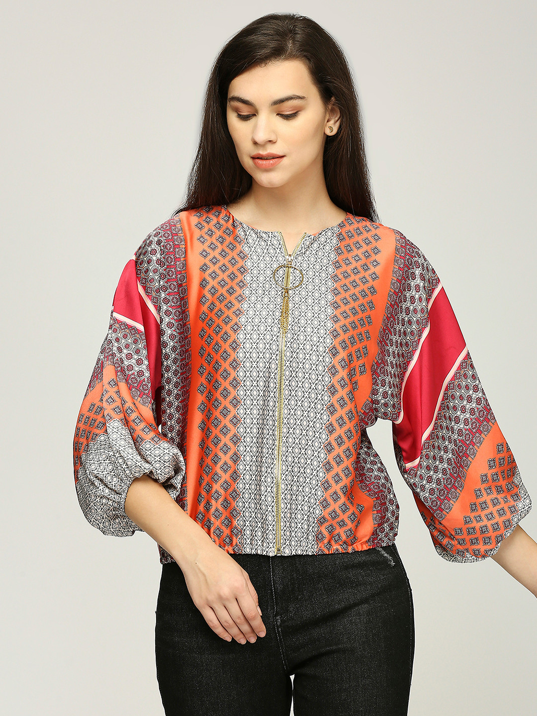 Iti Print Tie-Up Neck Puff Sleeve Top