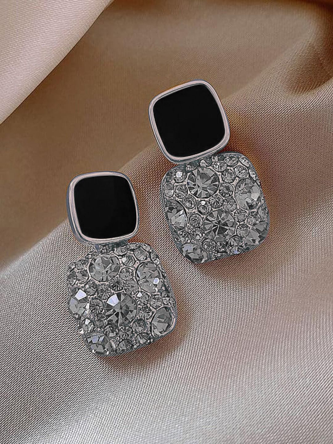 BEYTER Sterling Silver Rhinestone & Crystal Studded Geometric Shaped Drop Earrings