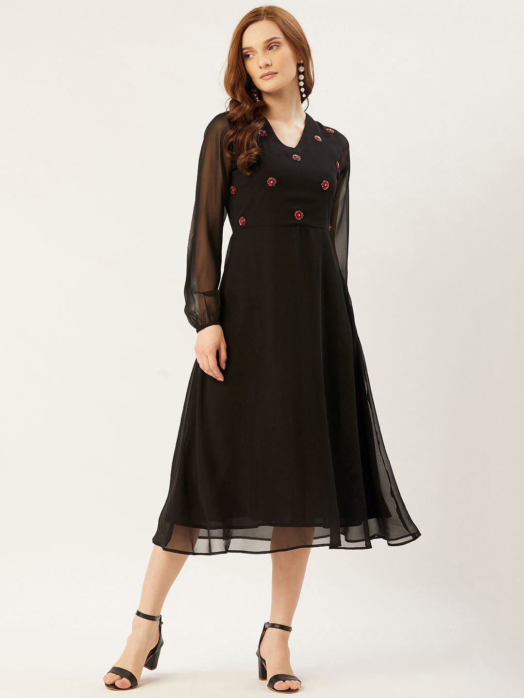 Moda Rapido Puff Sleeve Georgette A-Line Midi Dress