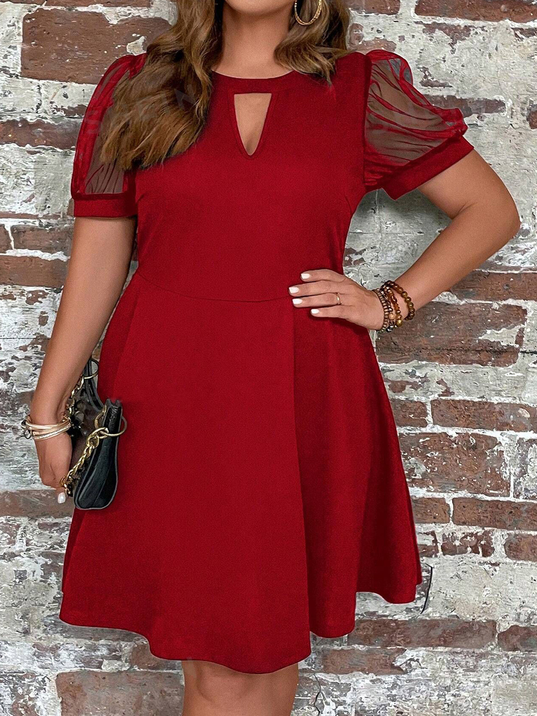 C4D Plus Size Keyhole Neck Puff Sleeves Fit & Flare Dress