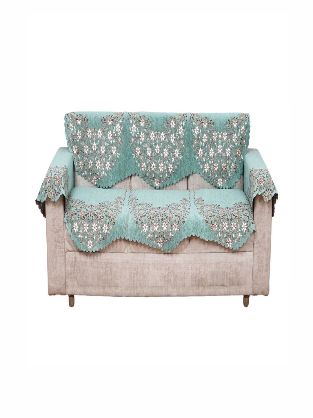 Fashion Throw Green 4 Pieces Floral Embroidered Three Seater Jacquard Sofa Cover With Arms