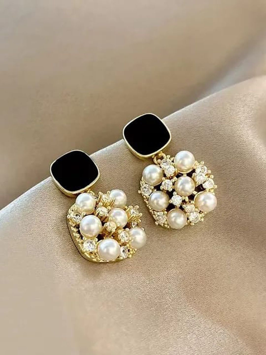 BEYTER Korean Sterling Silver Gold-Plated zircon Stone Studded Square Shaped Drop Earring