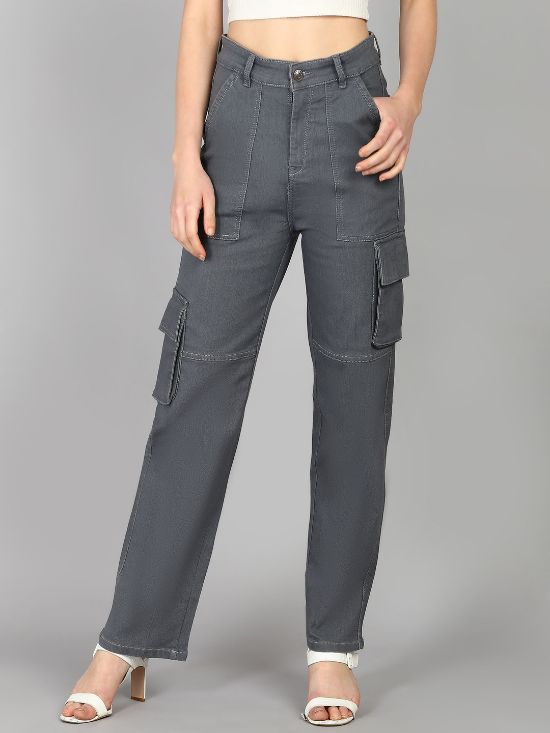 Glossia Nova Women Comfort Wide Leg High-Rise Acid Wash Stretchable Cargo Jeans