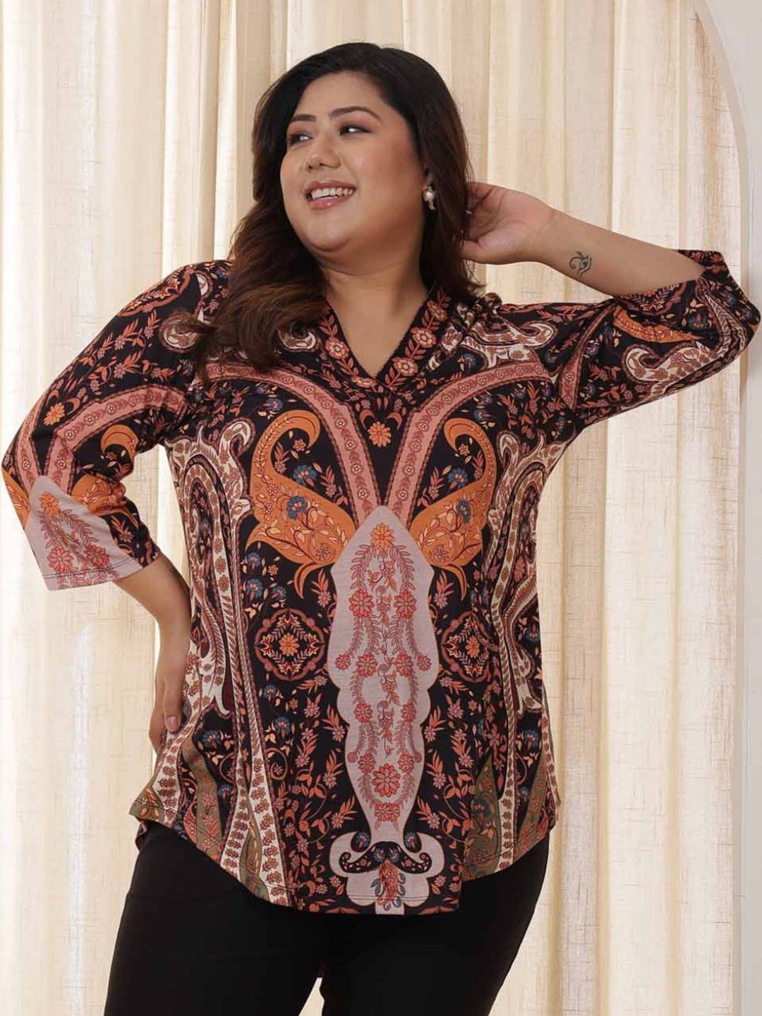 Amydus Women Plus Size Black Orange Top