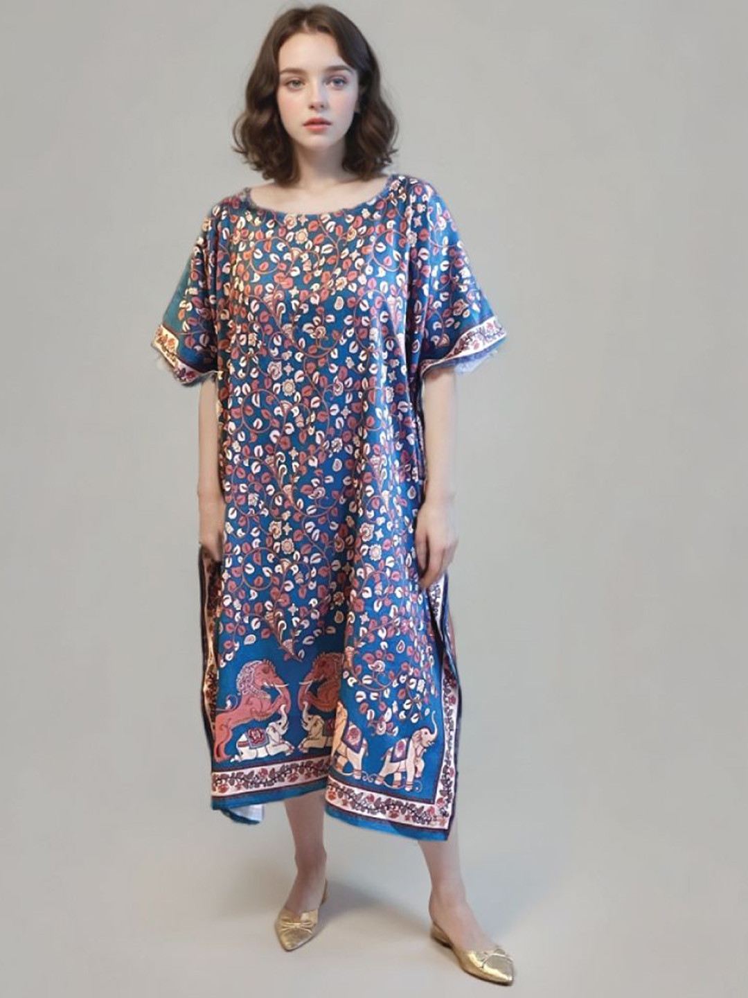 MAATIR DESIGNS Ethnic Motifs Printed Kalamkari  Vegan Silk Kaftan Kurta