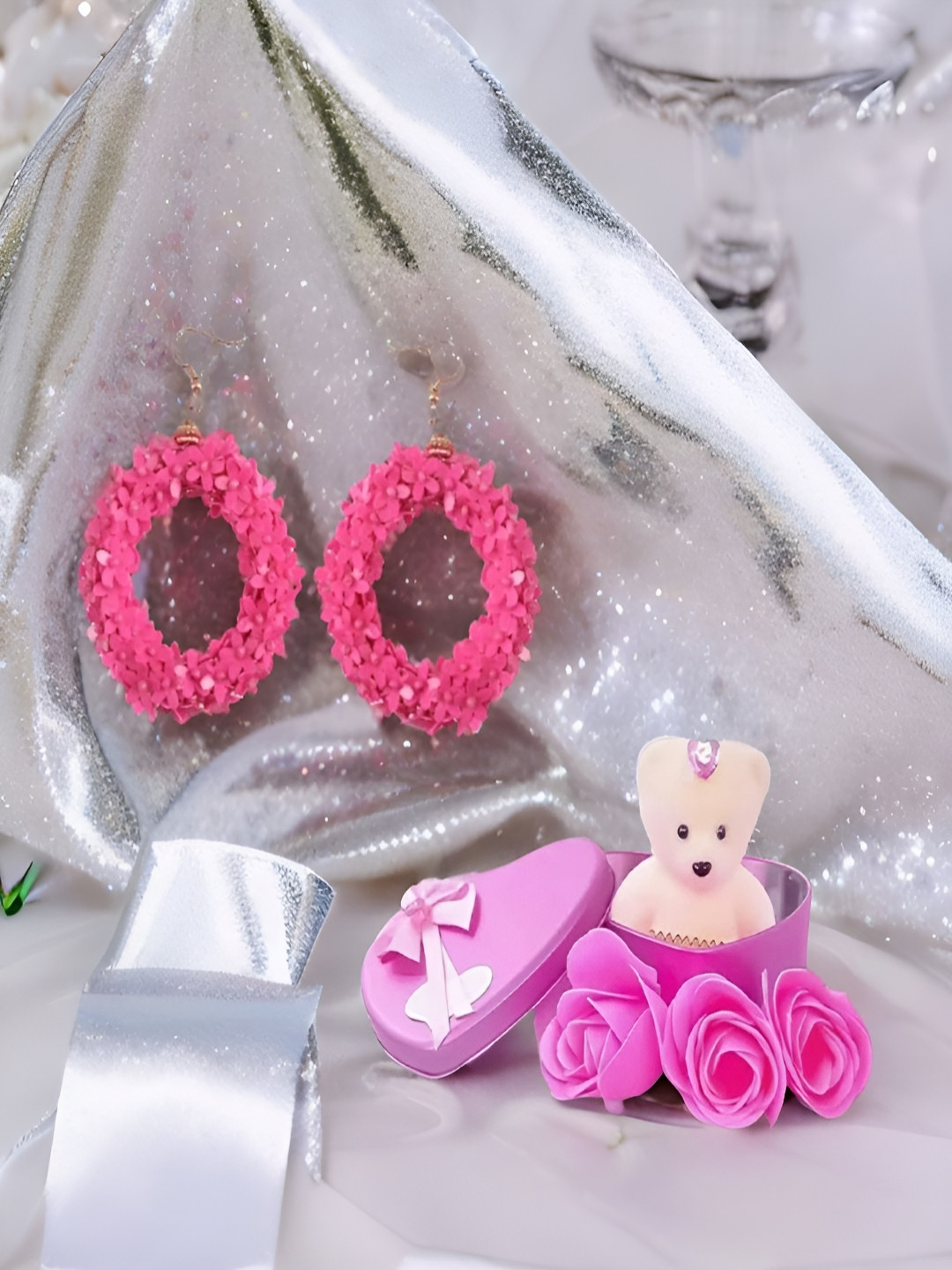 UNIVERSITY TRENDZ Pink Drop Dangle Earrings with Pink Teddy Bear Gift Combo Set
