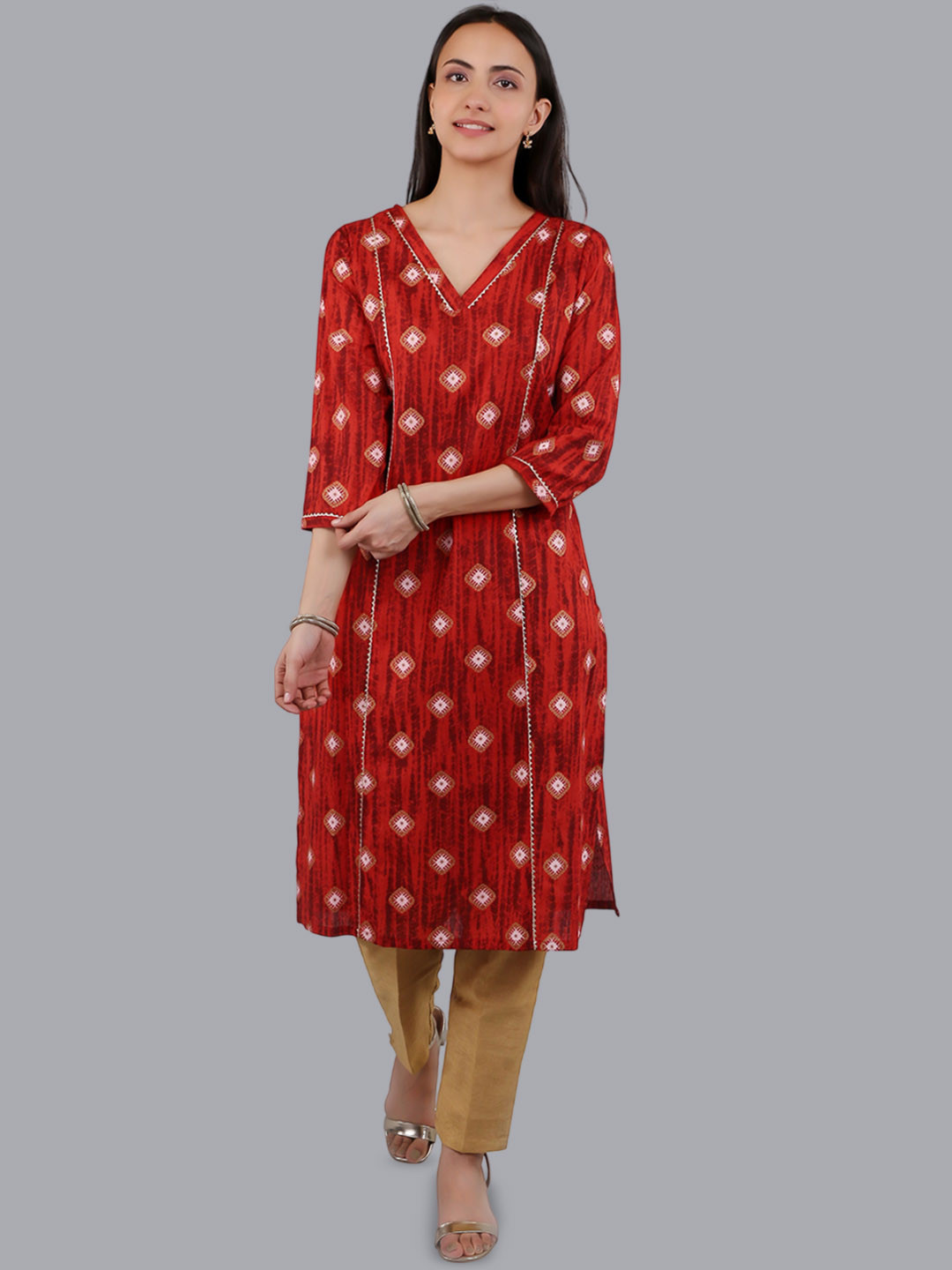 VAPPSYAM Geometric Printed V-Neck Gotta Patti Pure Cotton Straight Kurta