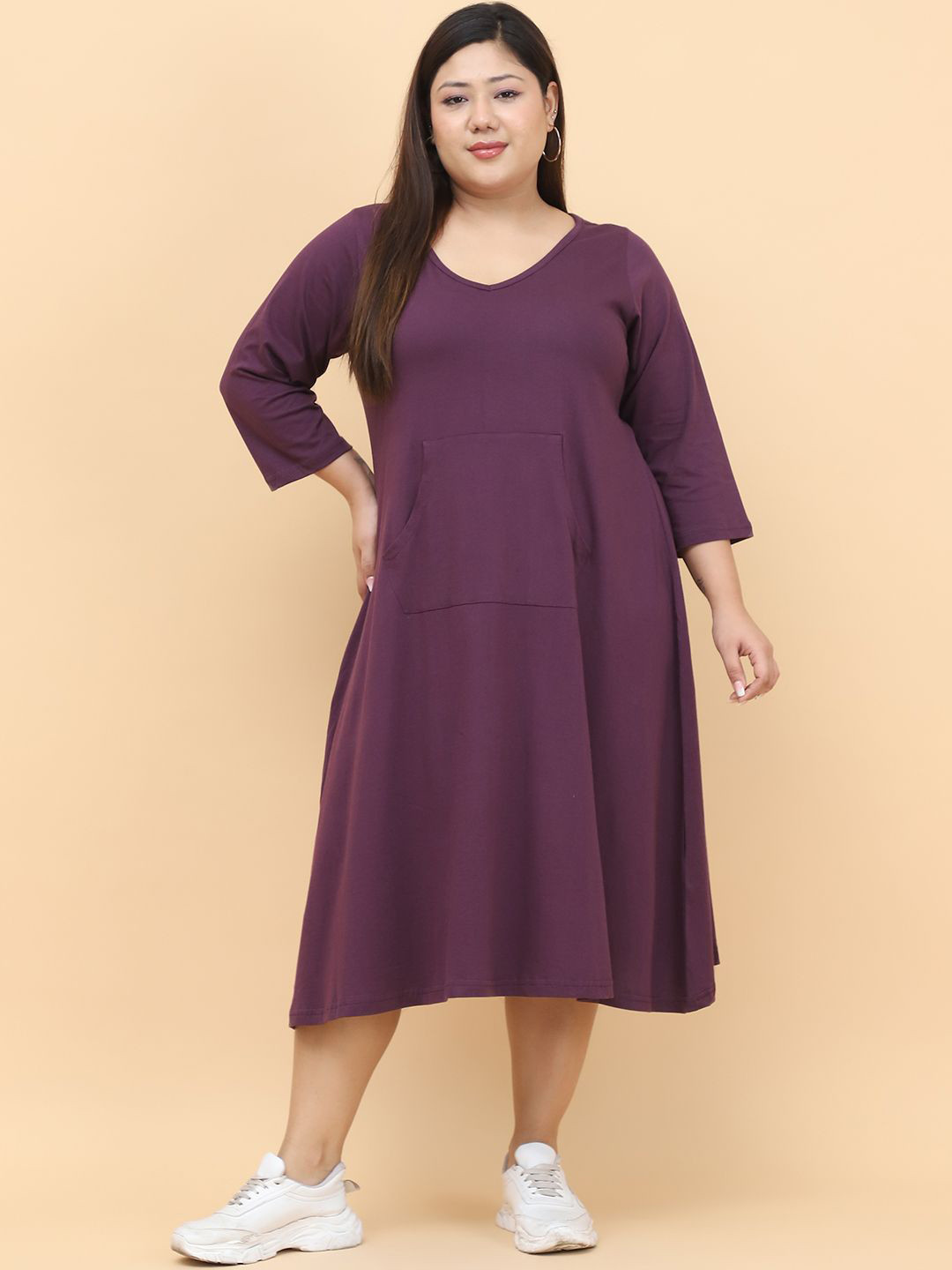 theRebelinme Women Plus Size V-Neck Cotton A-Line Midi Dress With Pocket Detailing