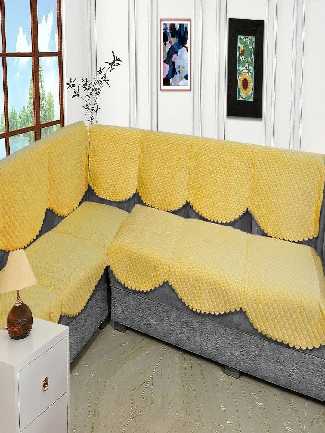 Fashion Throw Yellow 6 Pieces Quilted Seven Seater Velvet L-Shape Sofa Covers