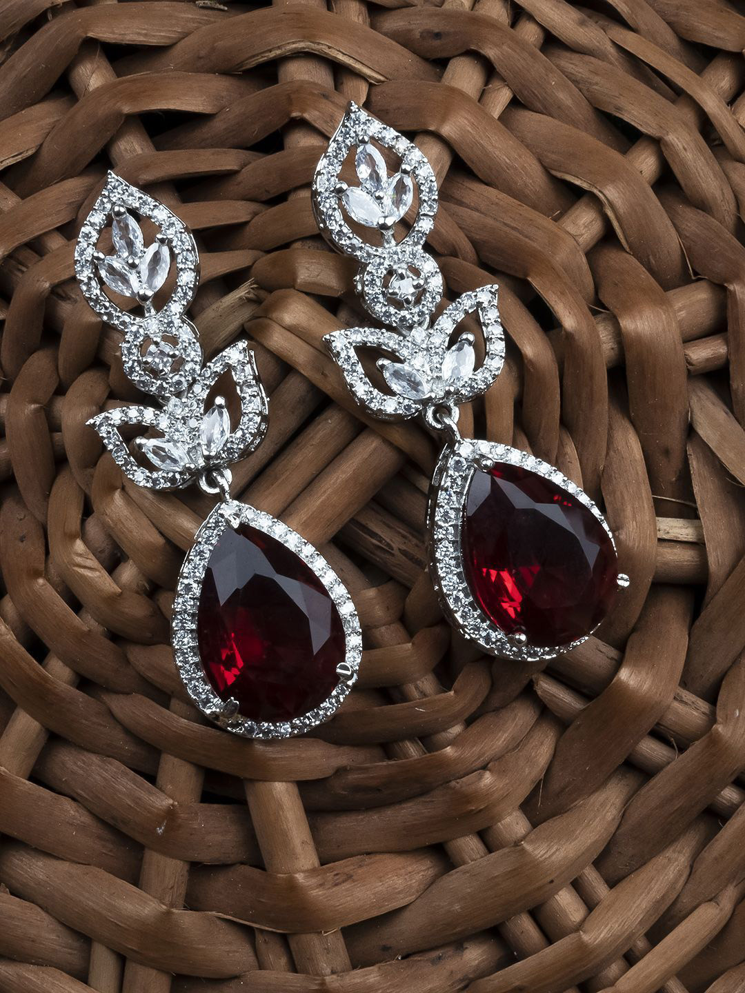 StileAdda Sparkling Silver-Plated Teardrop Shaped Cubic Zirconia Studded Drop Earrings
