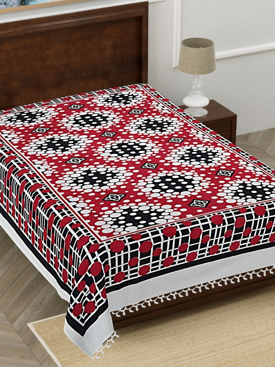 HASHCART White Geometric Pure Cotton 210 TC Single Fine Bedsheet -91 x 60 inches