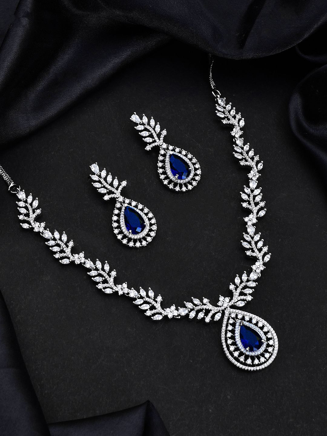 Voylla Sparkling Essentials Sapphire Leafy American Diamond Necklace Set