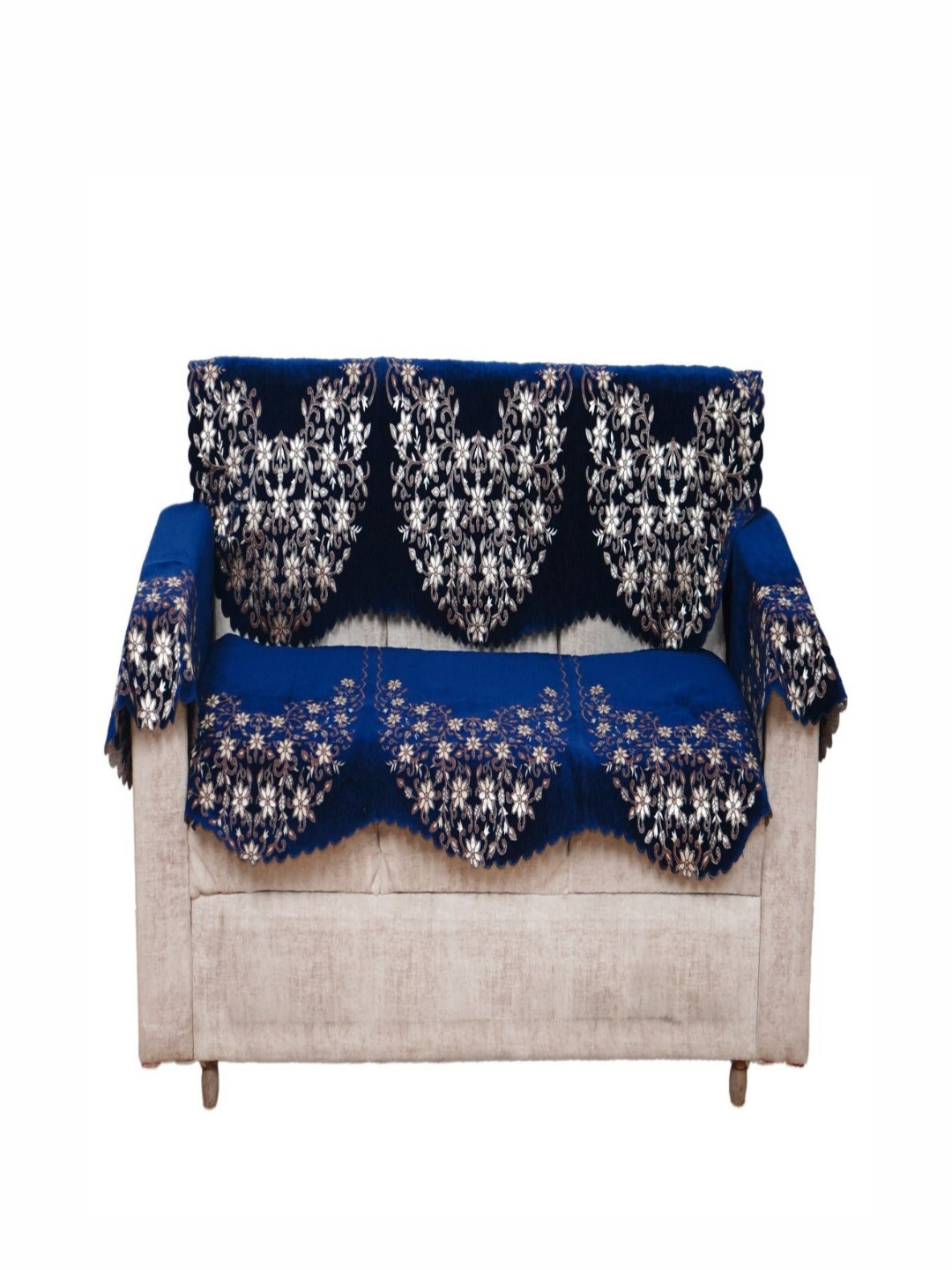 Fashion Throw Navy Blue & Gold-Toned 3-Seater Floral Printed Jacquard Sofa Cover With Arms