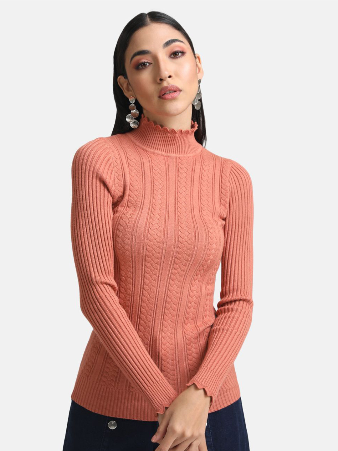 Kazo Women Textured Pullover With Scalloped Edges Sweater