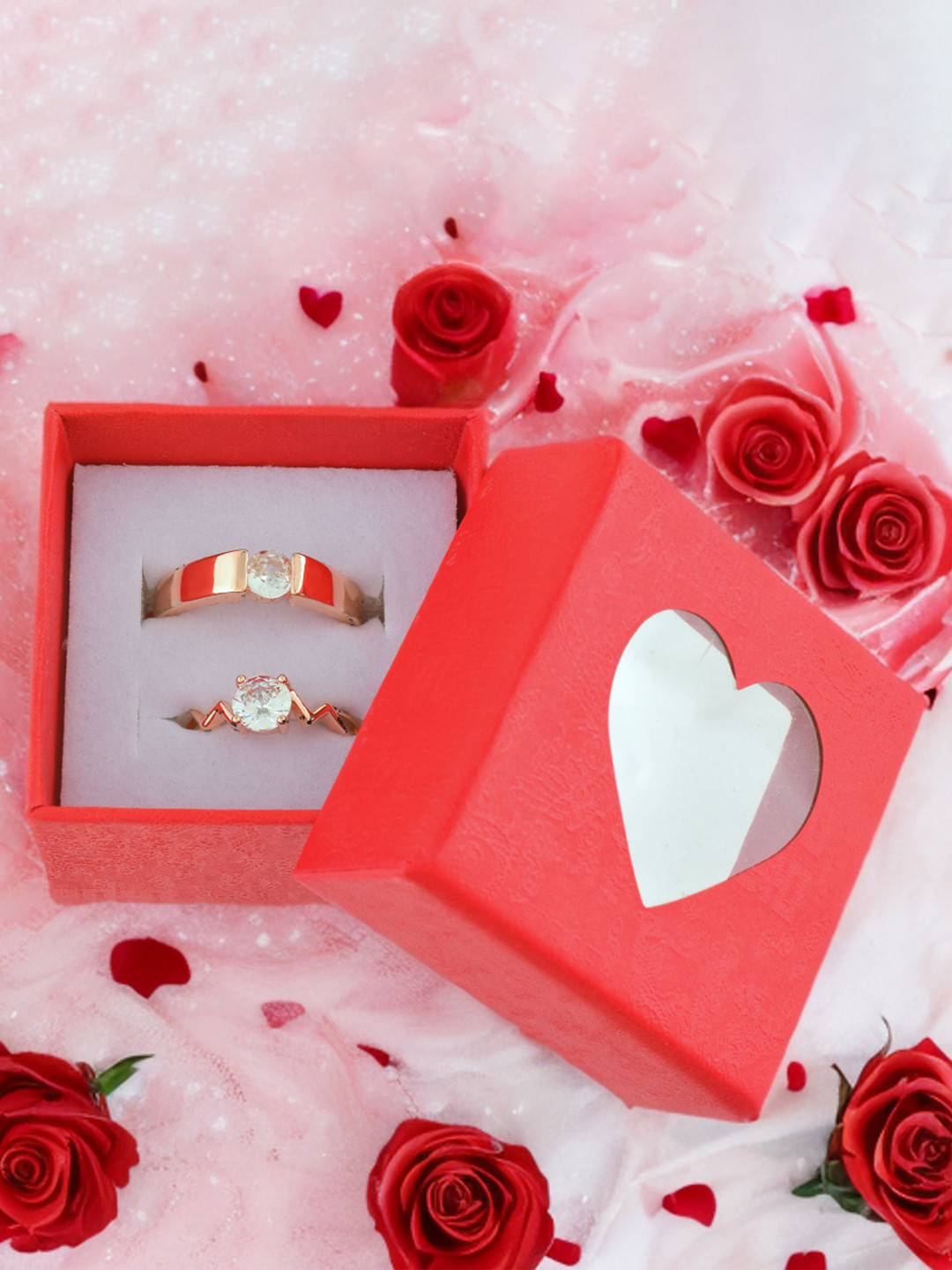 MEMOIR Set Of 2 Gold-Plated Artificial Stones Studded Valentines Couple Finger Ring