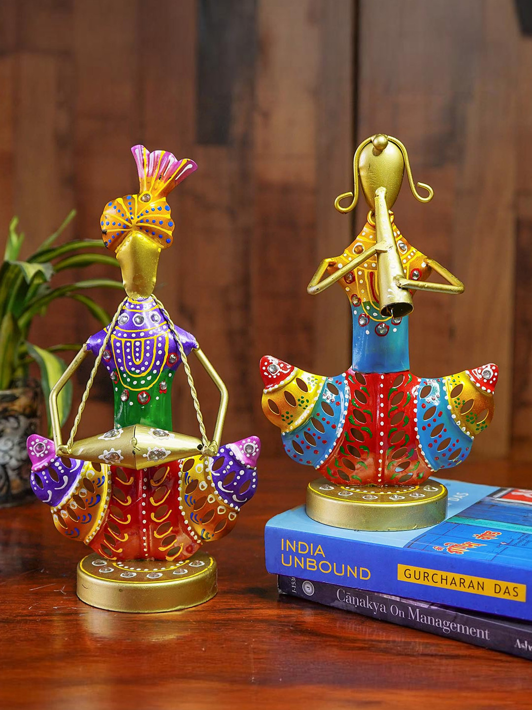 Ekhasa Rajasthani Musicians Gold Metal Metallic Living Room Music Set of 2 Small Showpieces - 9.1 Inches