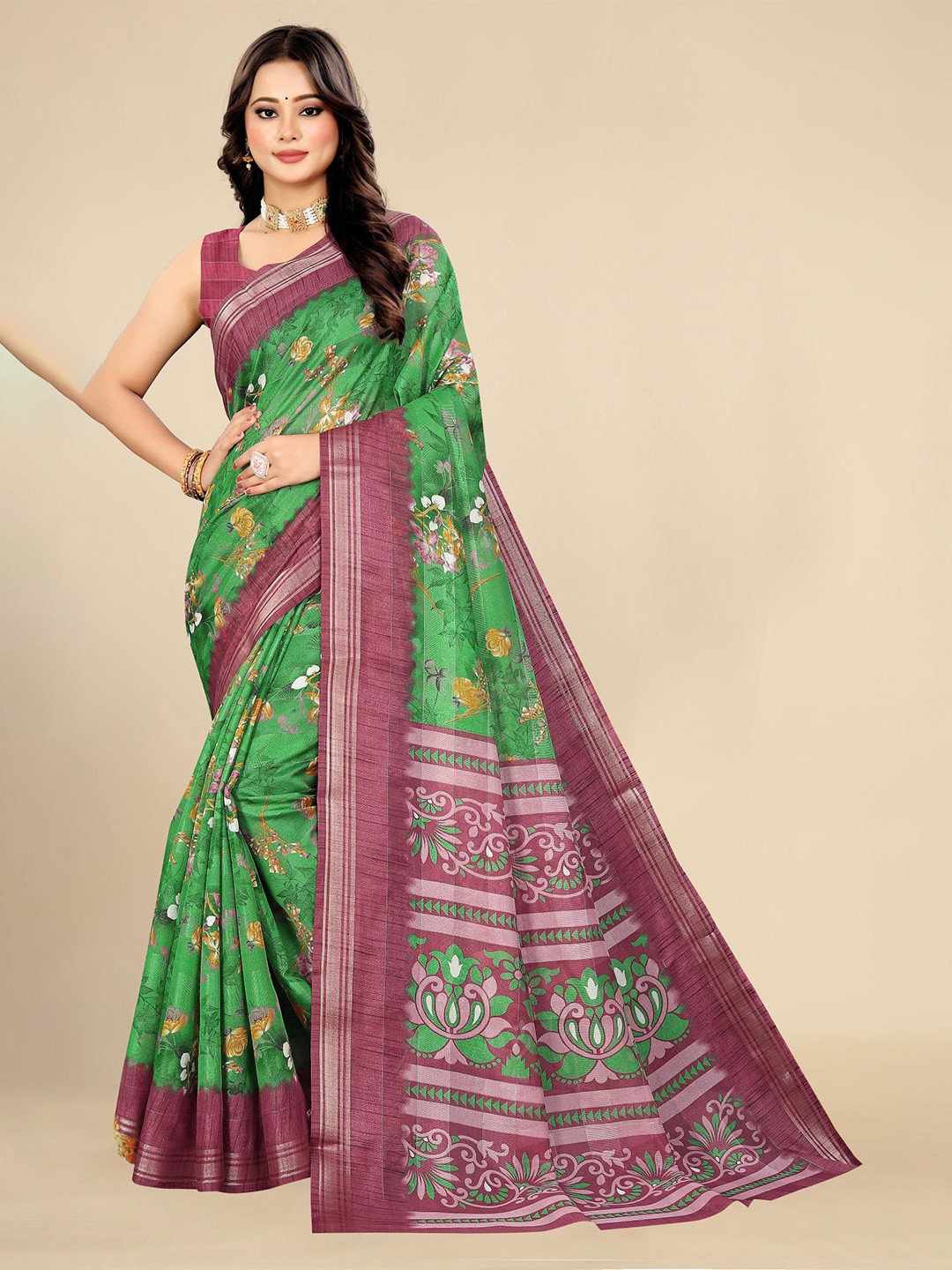 Styleveda Floral Printed Zari Saree