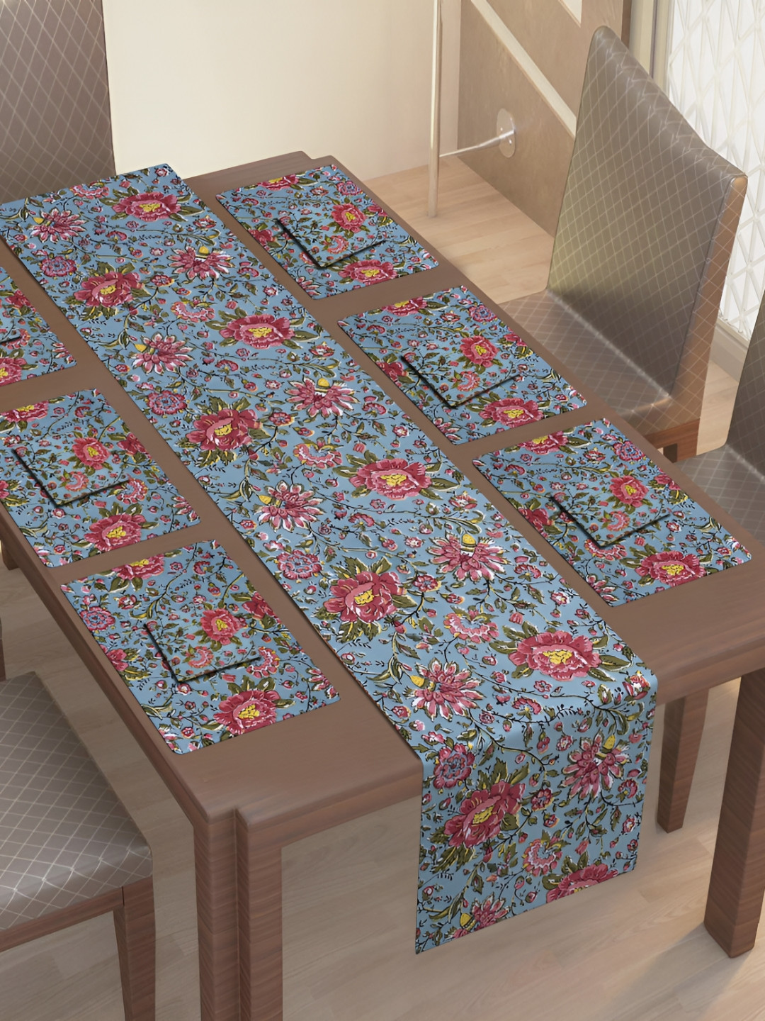 Texstylers Red & Grey 13 Pieces Floral Printed Cotton Canvas Table Linen Sets