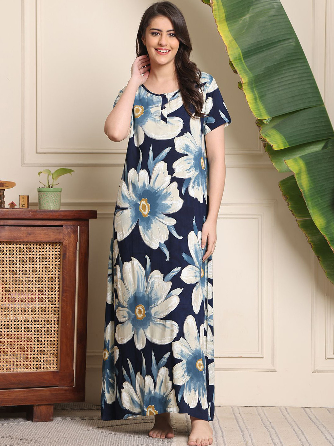 Claura Blue Printed Viscose Rayon Maxi Nightdress