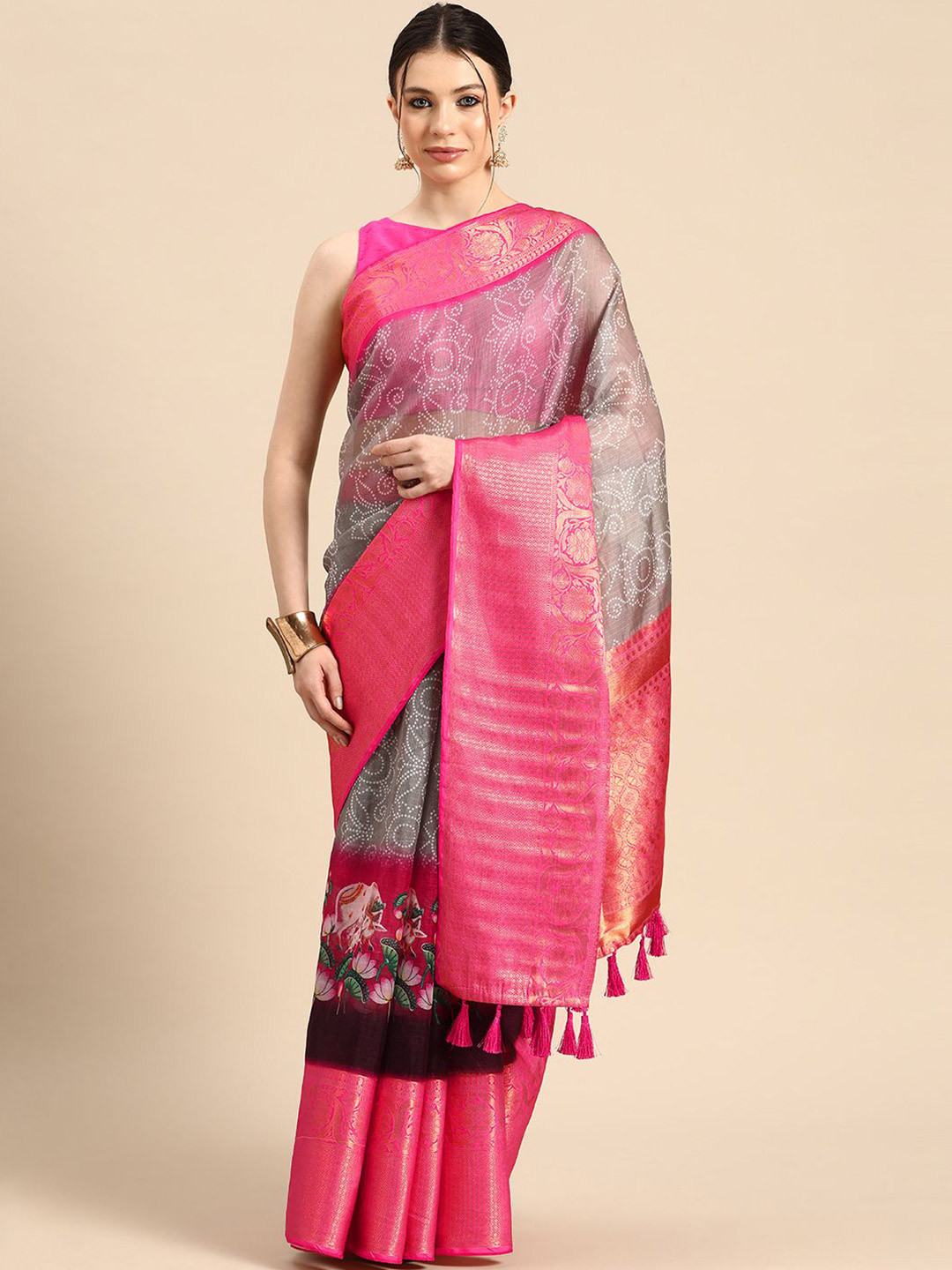 DIVASTRI Pichwai Munga Checks Silk Digital Printed Saree With Woven Pallu & Border