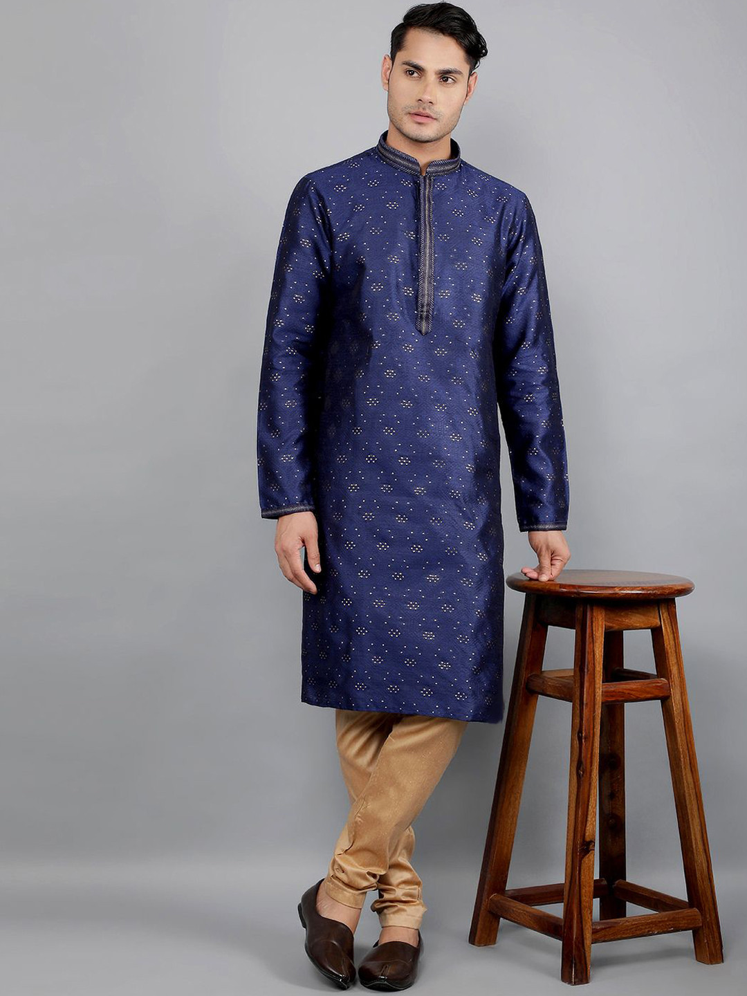 Manish Creations Men's Woven Design Jacquard Straight Kurta With Churidar Set