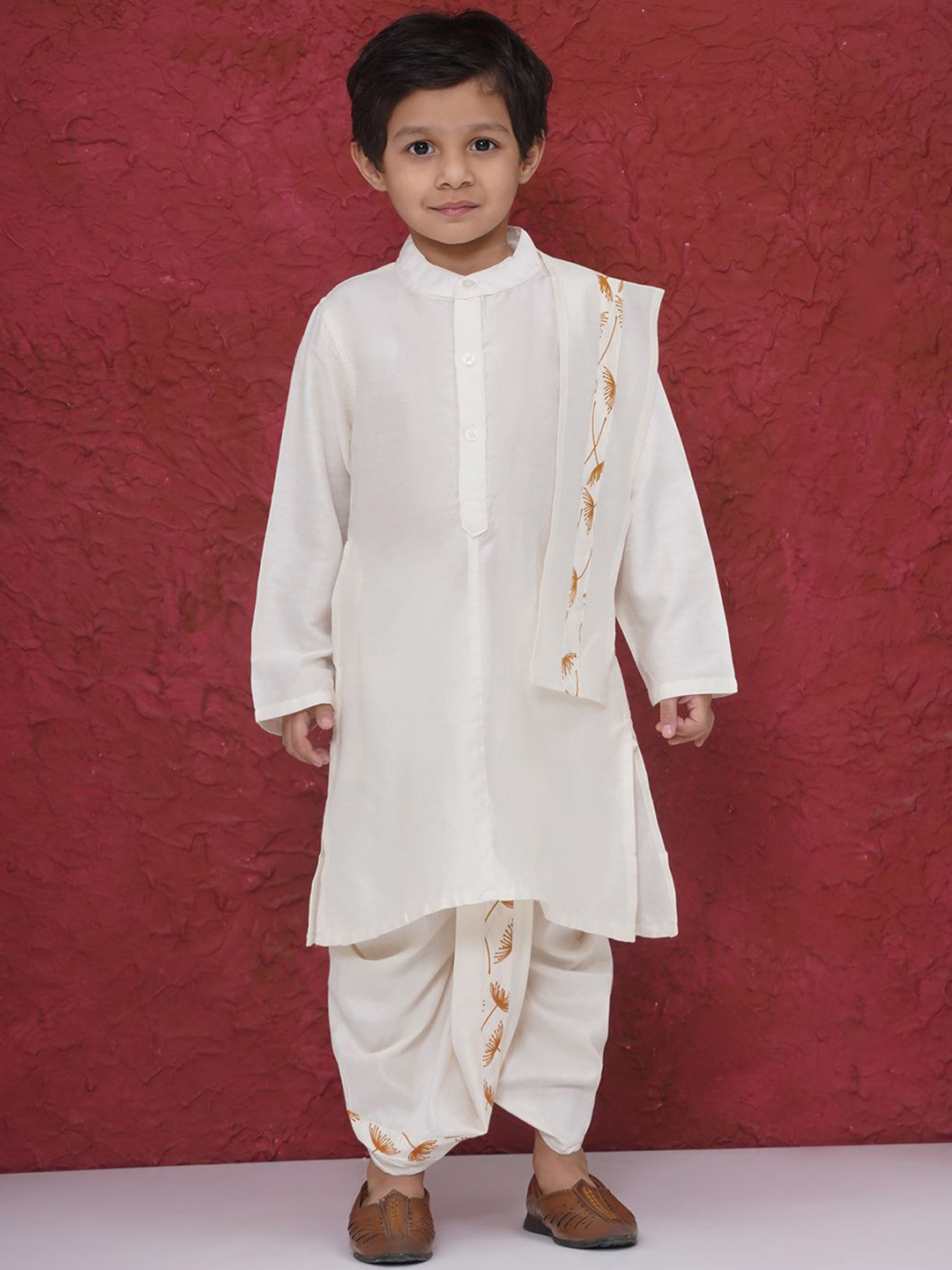 Sethukrishna Boys Band Collar Art Silk Straight Kurta With Dhoti Pants And Angavastram