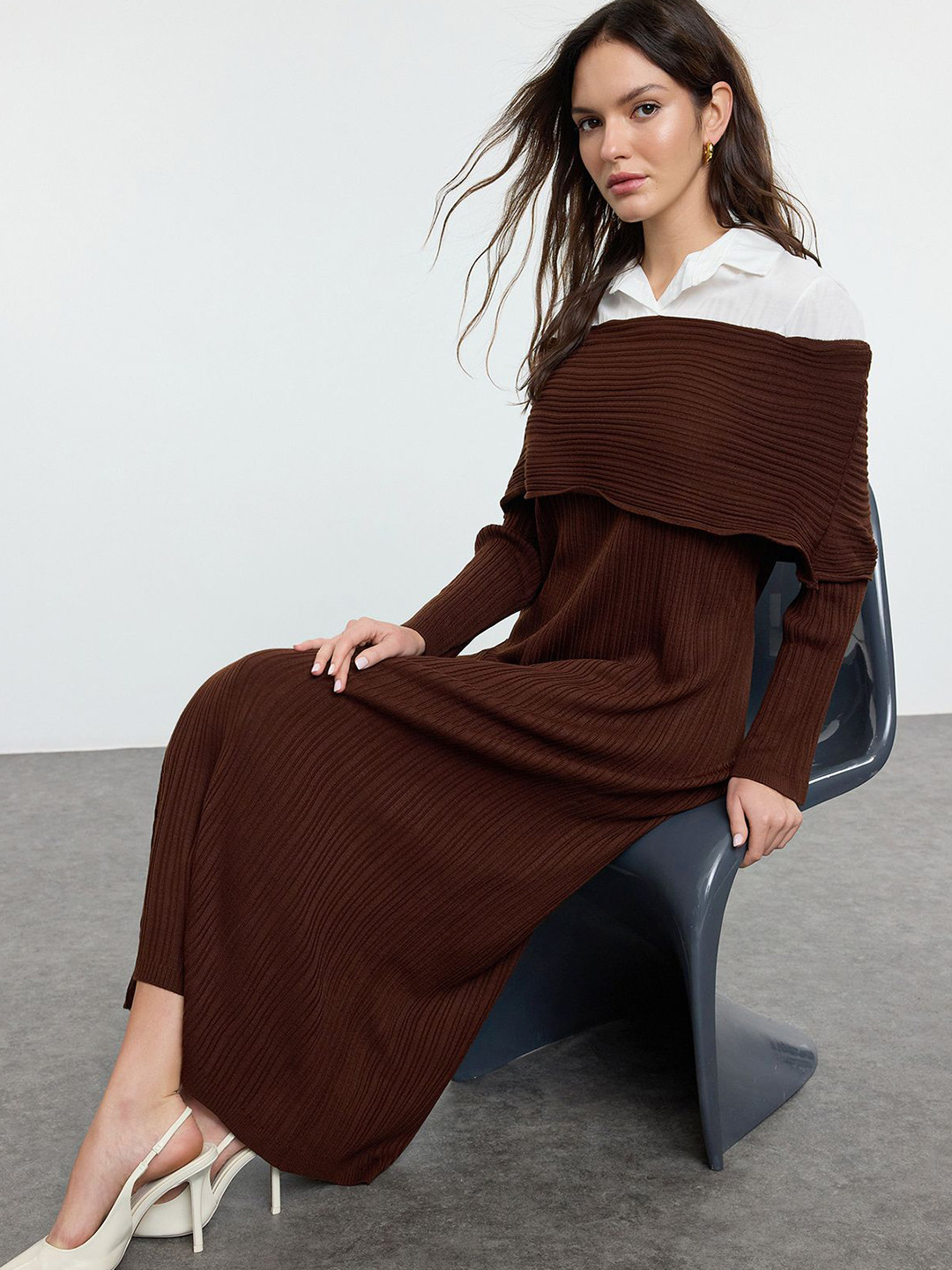 Trendyol Kahverengi Shirt Collar Colourblocked Midi Dress